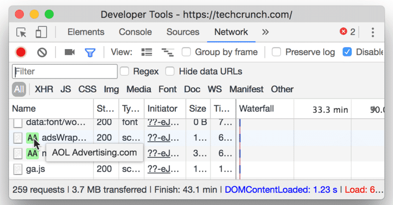 Hovering over a third-party script in Chrome DevTools