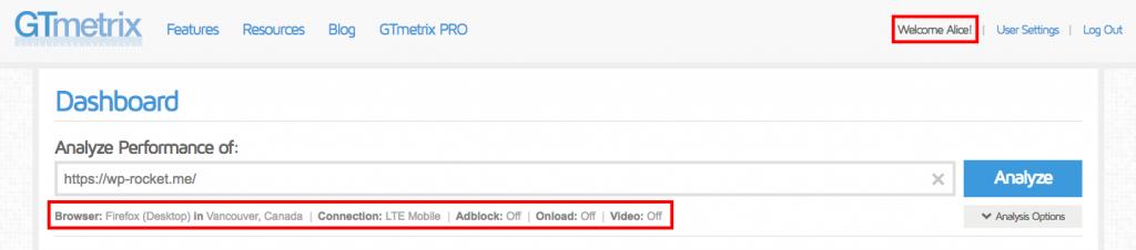 GTMetrix Dashboard after you create an account