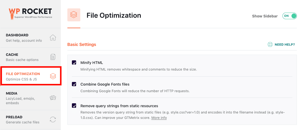 WP Rocket File Optimization Tab