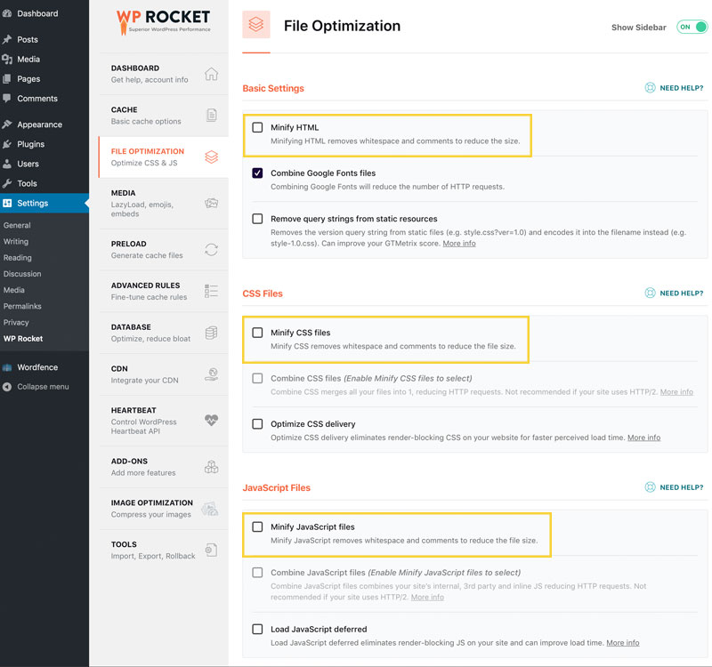 How to enable minification with WP Rocket