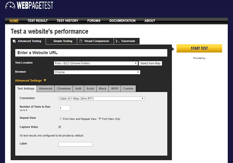 WebPageTest provides a lot of advanced tools to test your site’s performance