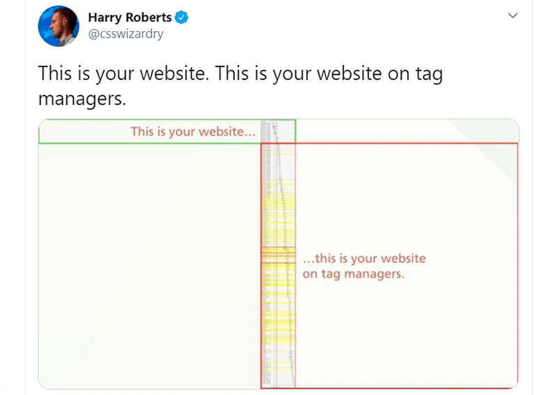 Harry Roberts's tweet on tag managers