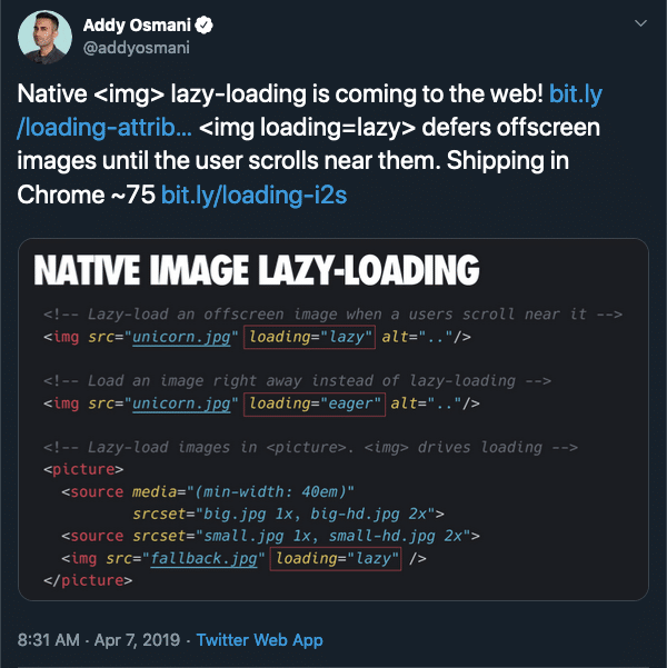 Addy Osmani announcing native lazy-loading on Twitter