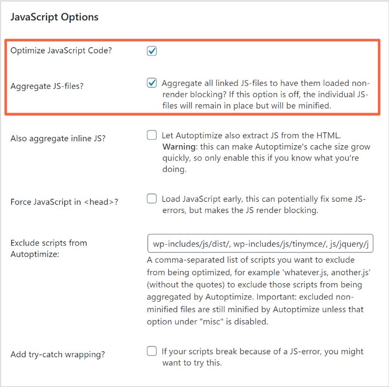 JavaScript Options Autoptimize