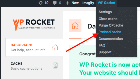 WP Rocket cache prealoading feature