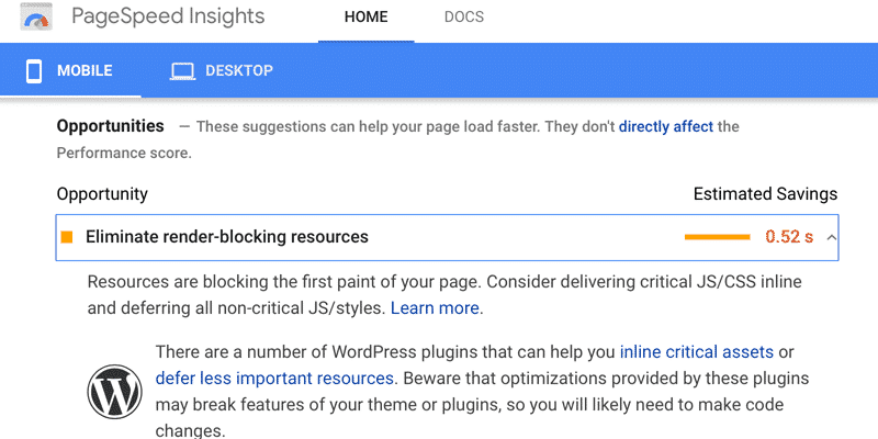 The error “eliminate render-blocking resources” on PageSpeed Insights