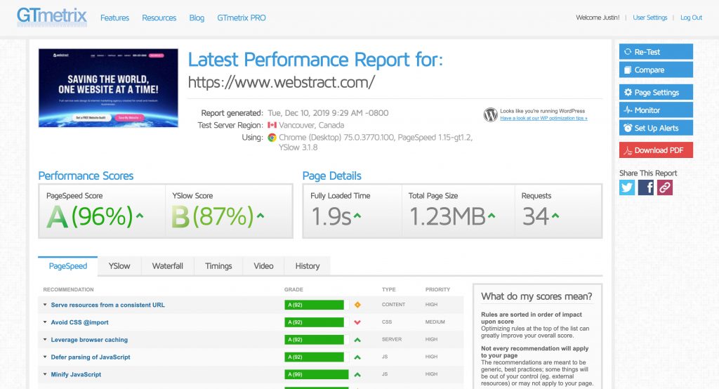 Justin Scarpetti - GTMetrix results after WP Rocket