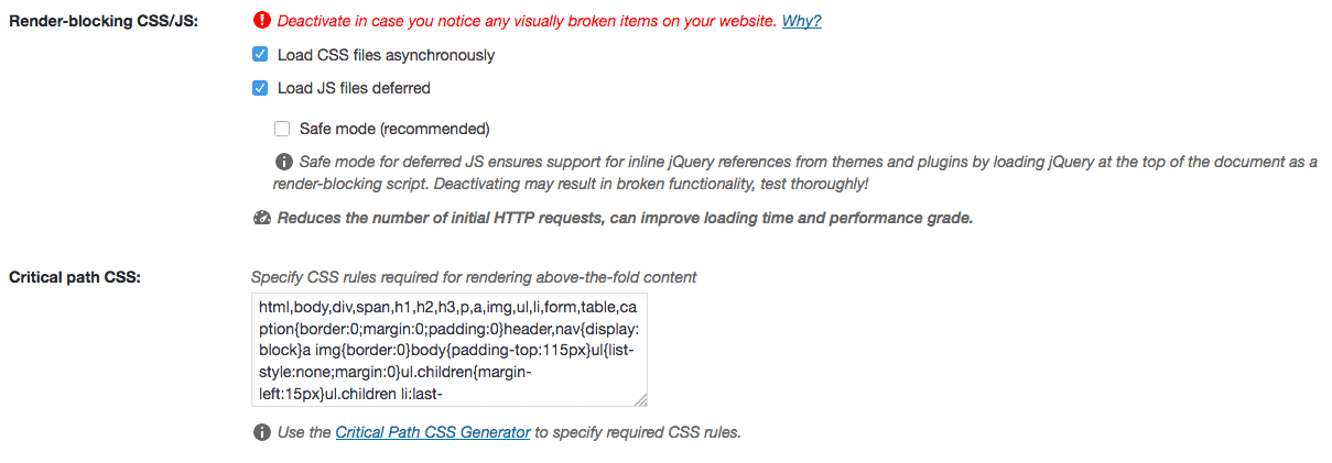 render blocking CSS and JS in WP Rocket admin
