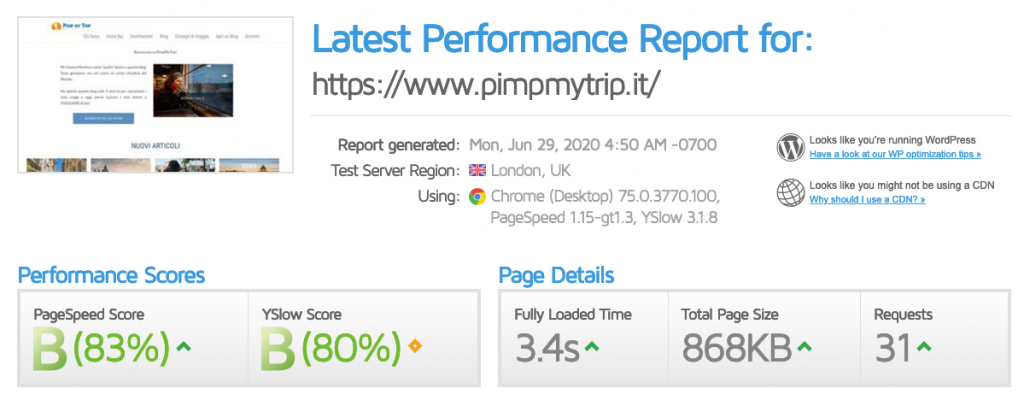 The speed results of PimpMyTrip without cache