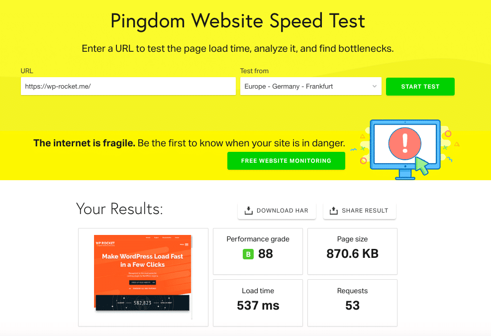 WP Rocket website speed on Pingdom Tools