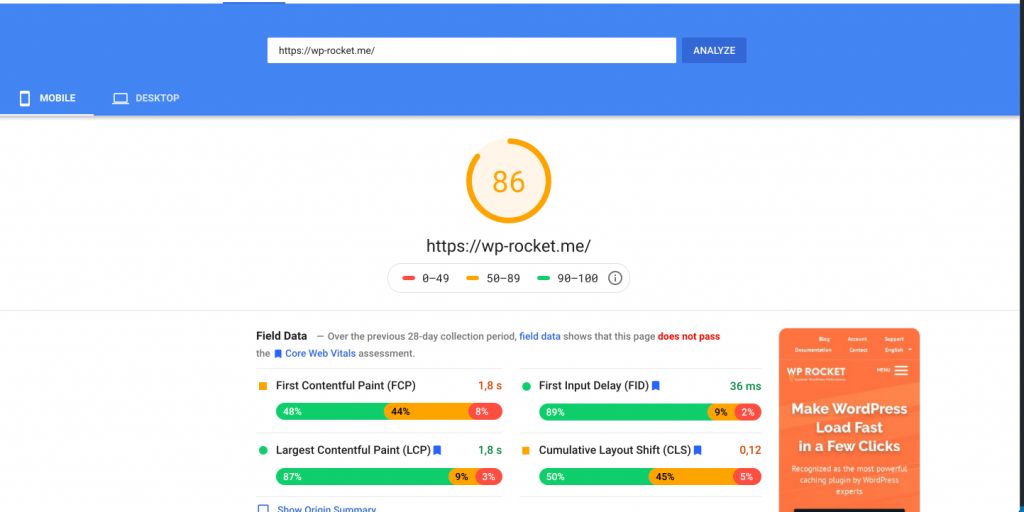 PageSpeed score for WP Rocket’s mobile site after delaying JS execution time
