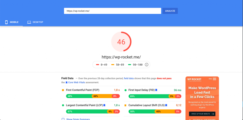 PageSpeed score for WP Rocket’s mobile site before delaying JS execution