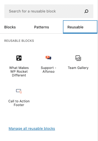 The WP Rocket reusable blocks listing
 
