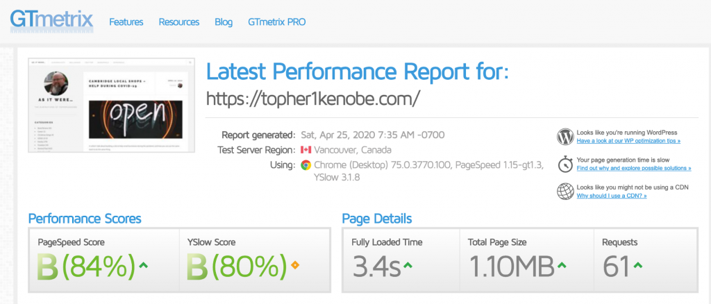 Topher personal website: GTMetrix results with the host’s built-in caching
﻿