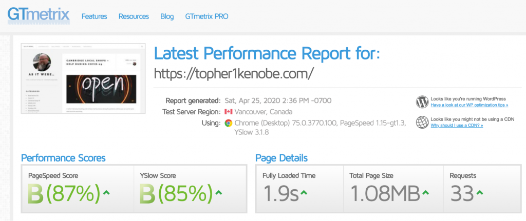 Topher personal website: GTMetrix results with WP Rocket + Memcache