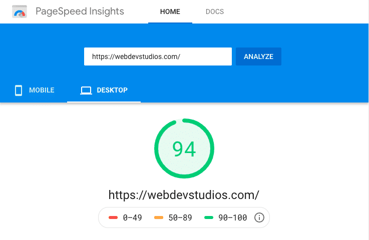 PageSpeed Insights for WebDevStudio after WP Rocket
