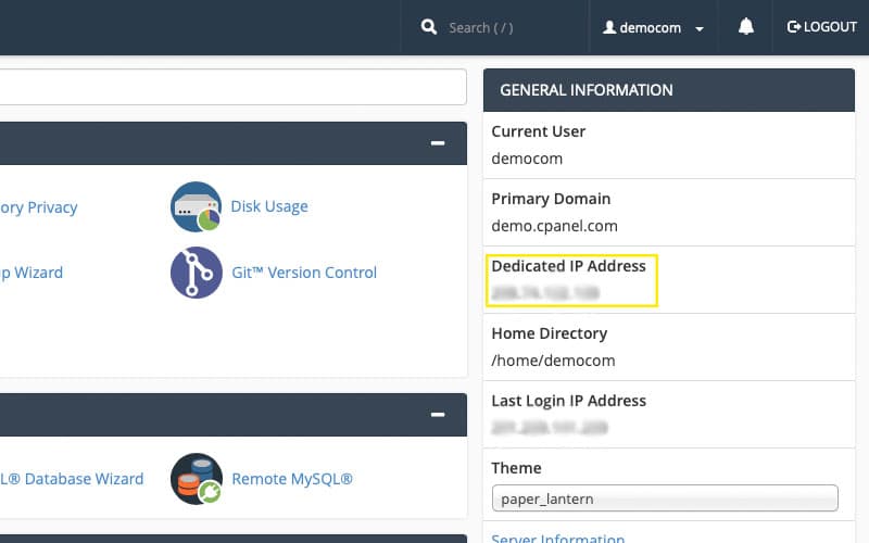 You can find your server’s IP address in cPanel.