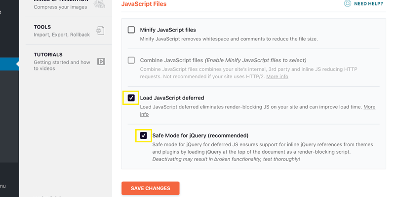 Load JavaScript deferred: WP Rocket settings