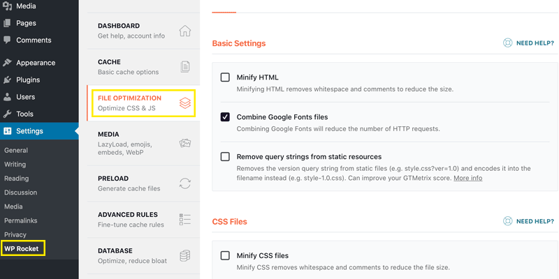 File Optimization settings in WP Rocket