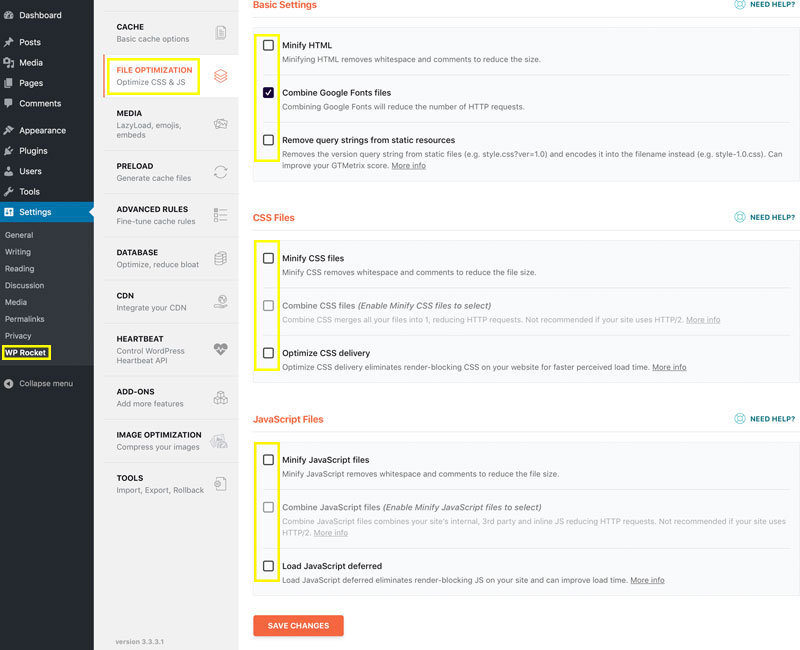 WP Rocket's file optimization tab