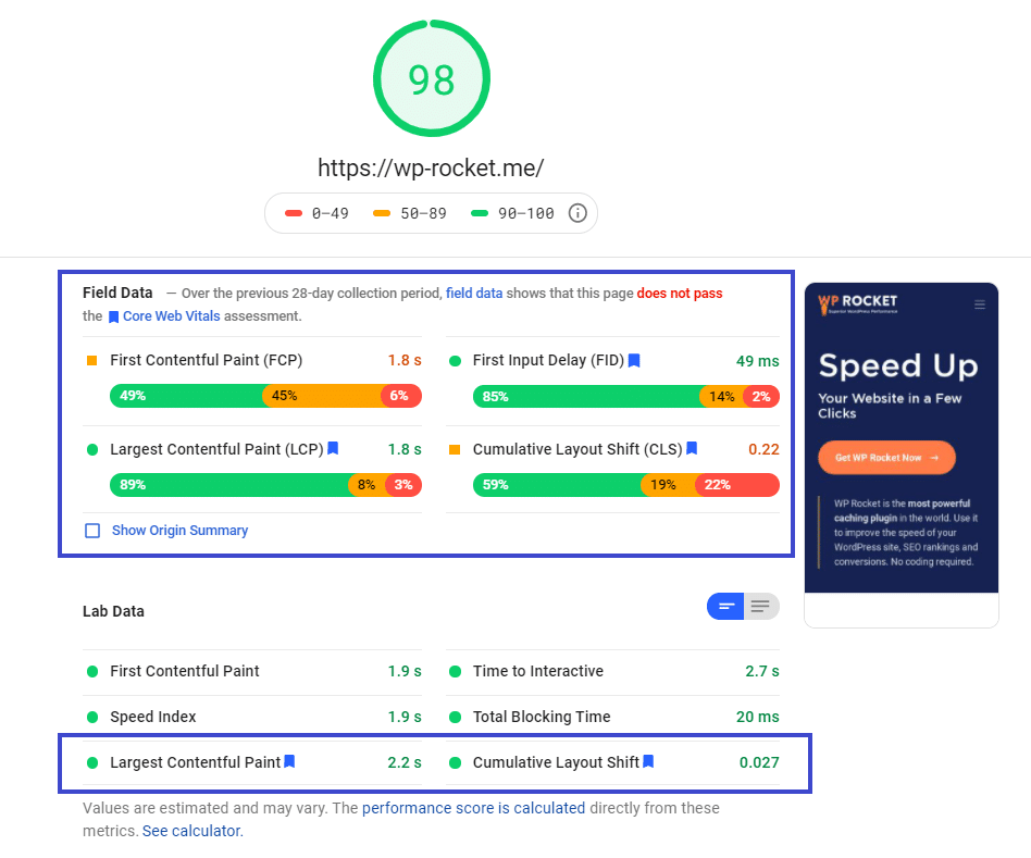 PageSpeed score for the WP Rocket homepage