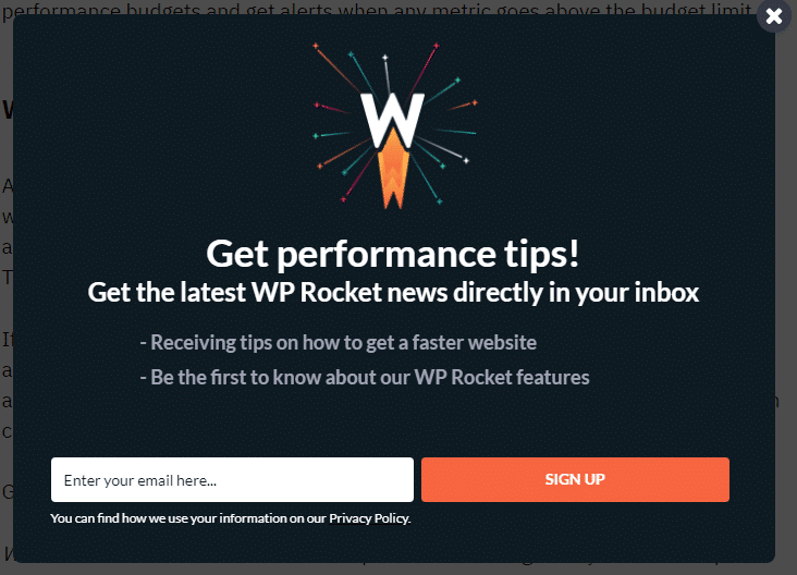 WP Rocket's exit-intent pop-up