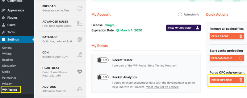 Purge OPcache with WP Rocket