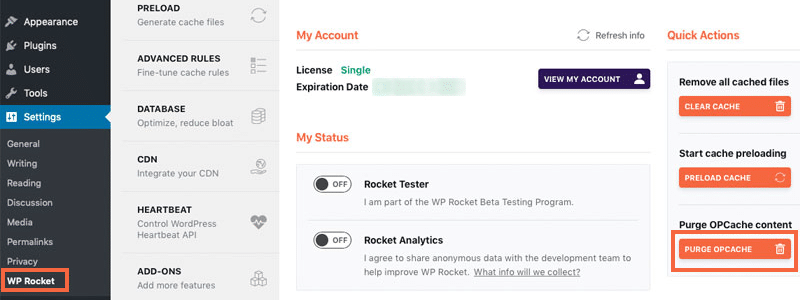 Purge OPcache easily with WP Rocket