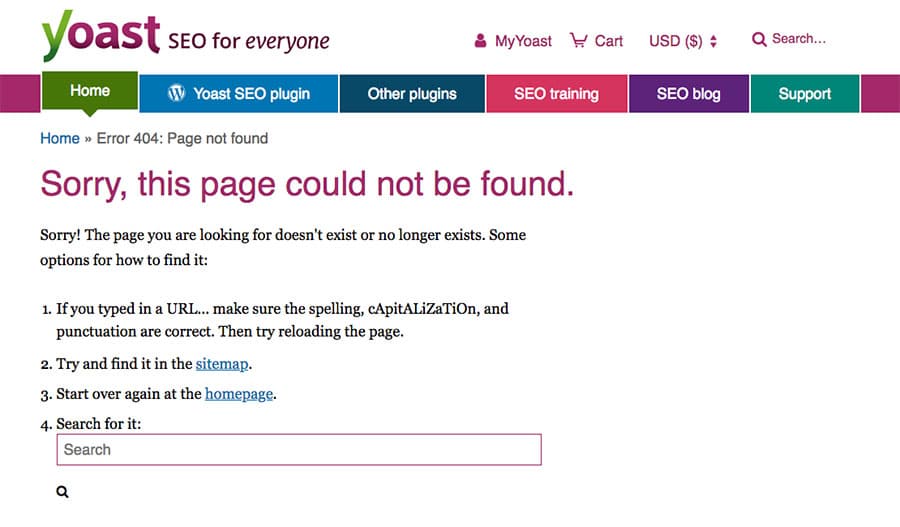 customized 404 page by yoast