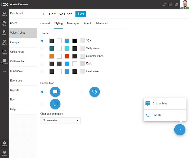 Appearance and dashboard - Source: 3CX Free Live Chat