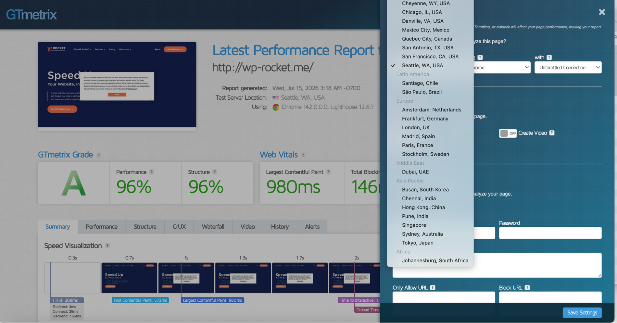 GTmetrix report with several test locations, devices and connection types