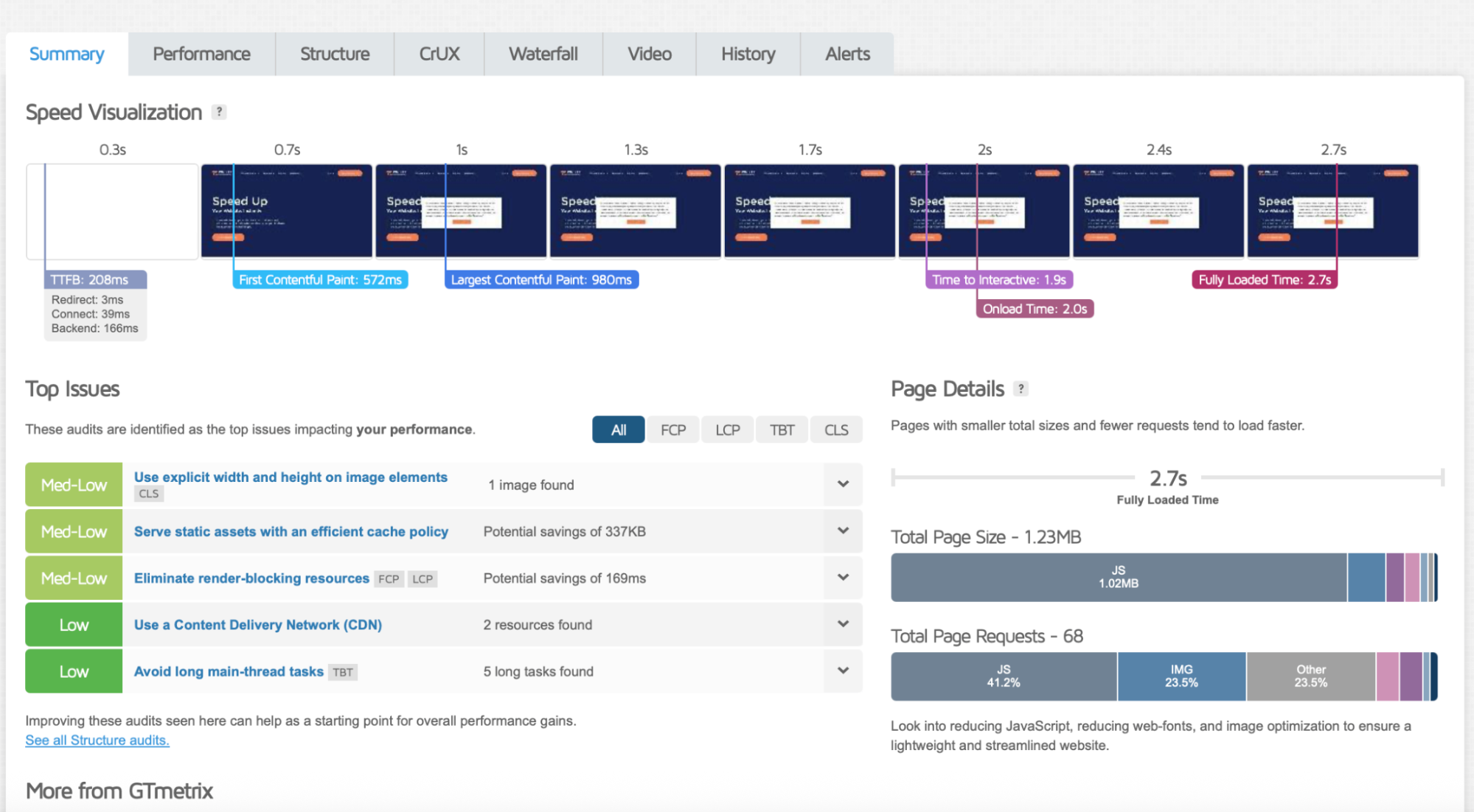 Page details, main KPIs and the Top Issues section - Source: GTmetrix