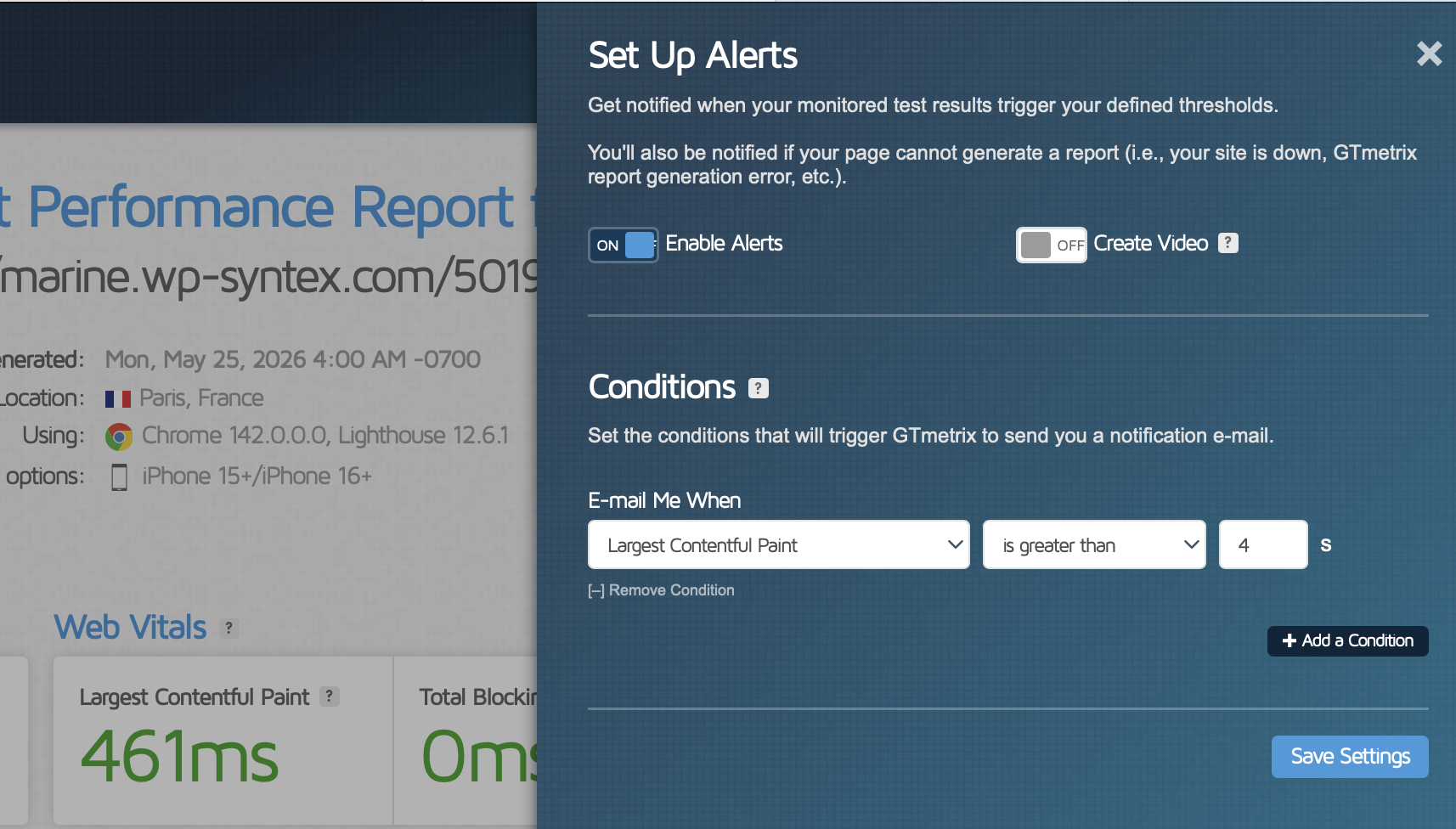 Setting up alert and conditions to monitor Core Web Vitals - Source: GTmetrix