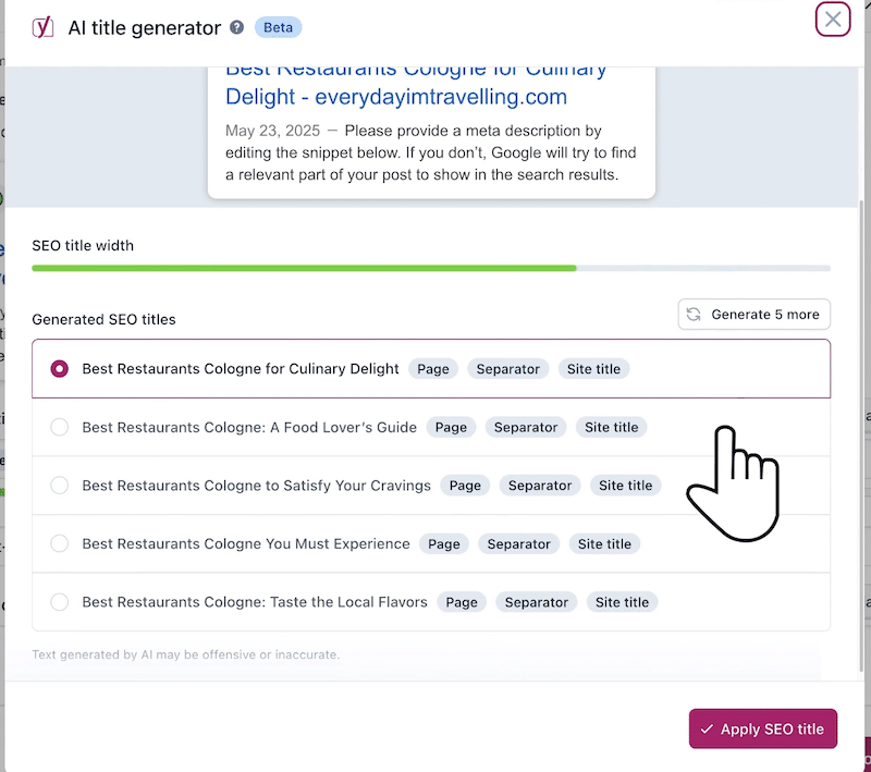 AI generation for meta content - Source: Yoast SEO premium 