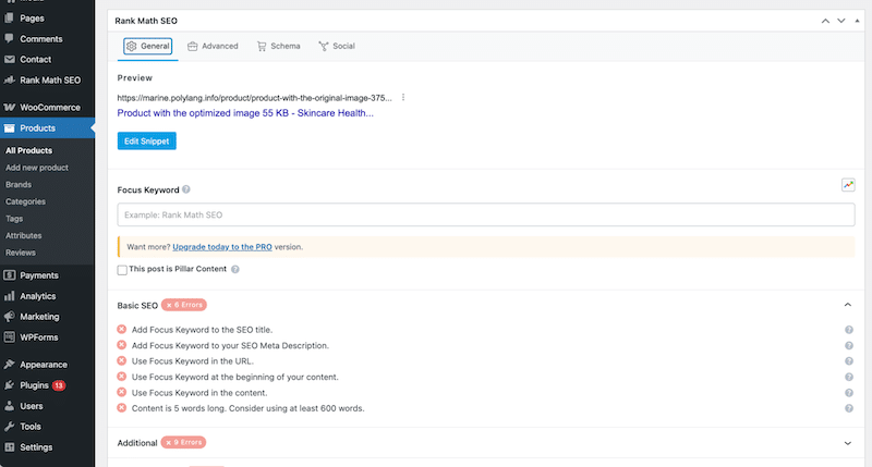 Built-in WooCommerce settings for a single product with Rank Math - Source: my test site 