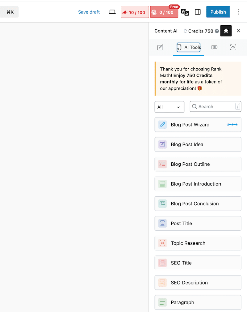 Content AI tool from Rank Math - Source: my test site