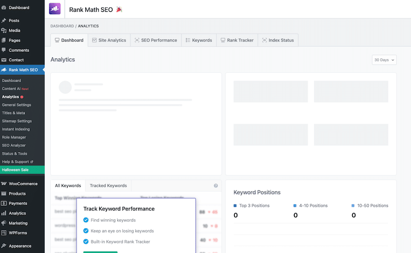 The analytics tab with Rank Math: keywords tracking, ranking, AI traffic, and overall SEO performance - Source: my test site 