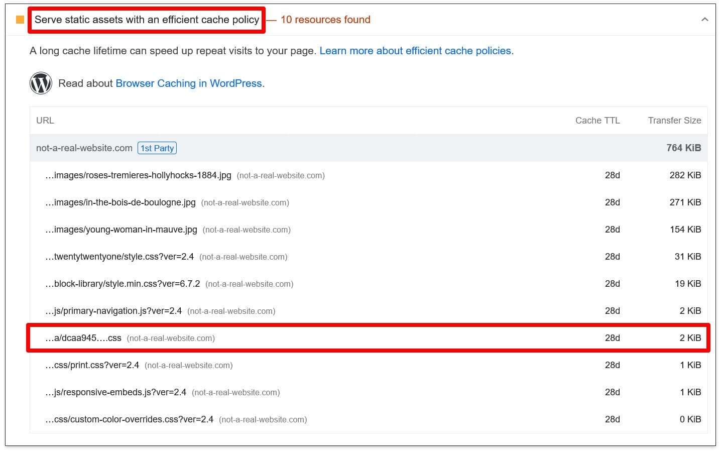 Caching warning in PageSpeed Insights