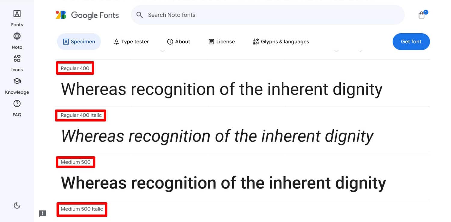 Font style and weight indicators in Google Fonts