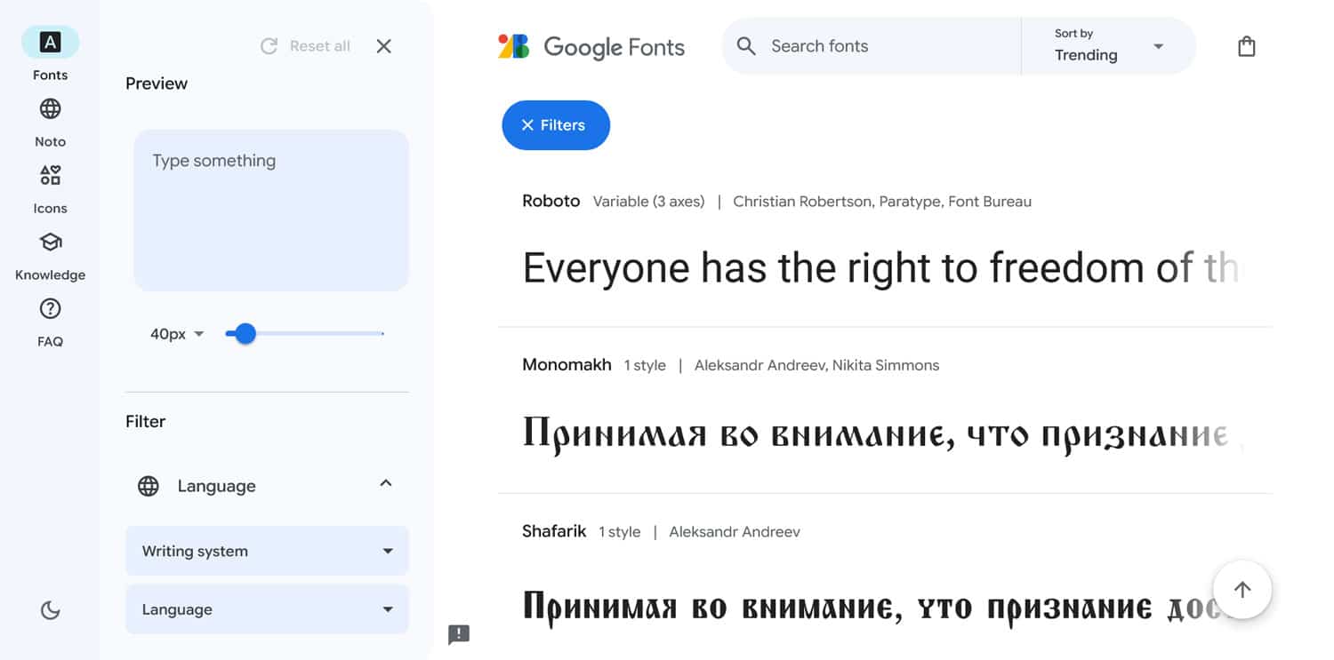 Google fonts homepage