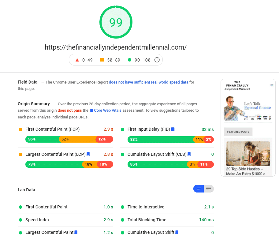 The Mobile PSI score - Homepage 