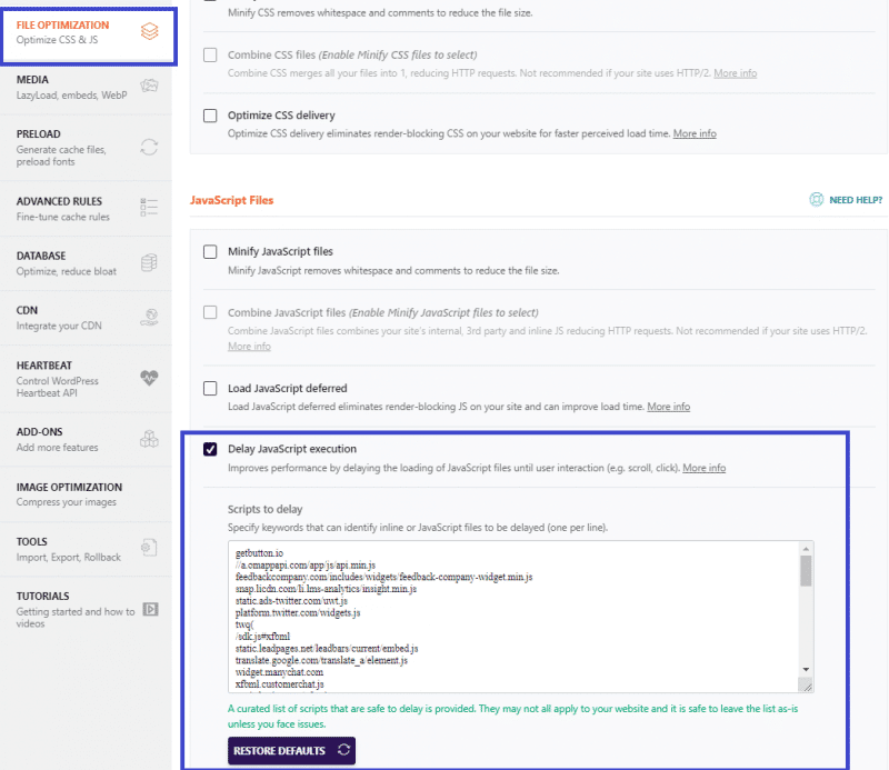 File optimization tab - Delay JavaScript execution