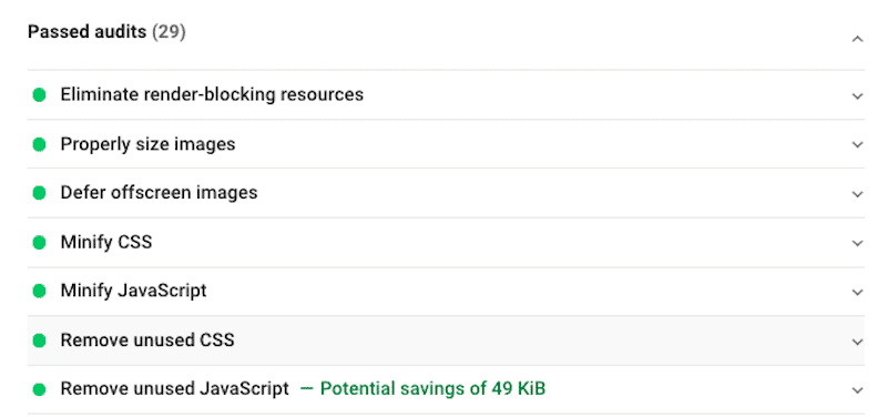 The Passed audits report for WP Rocket on PageSpeed Insight - Source: PSI
