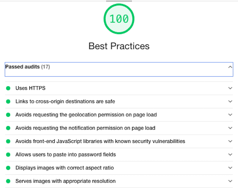 Example of a list of “passed audits” - Source: Lighthouse report from Google Chrome Dev Tools