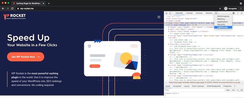 Left: WP Rocket website in incognito mode  I  Right:  The Developer tools section
Source: Google Chrome Dev Tools

