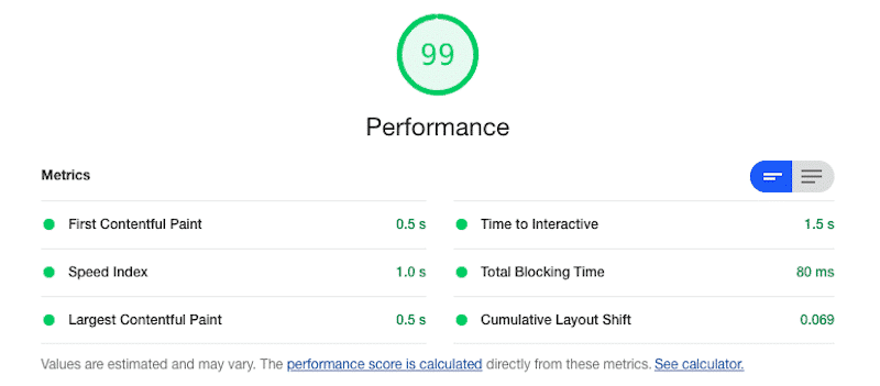 The “Perfformance” section - Source: Lighthouse report from Google Chrome Dev Tools