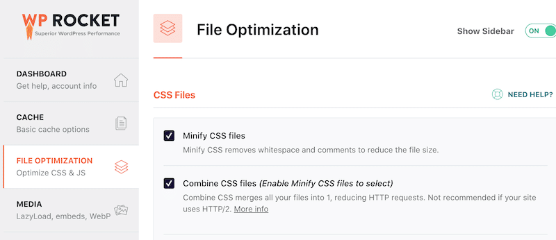 File Optimization (CSS Files) - WP Rocket Dashboard
