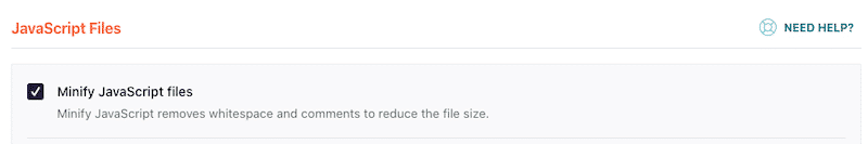Minify JavaScript files feature - WP Rocket dashboard. 