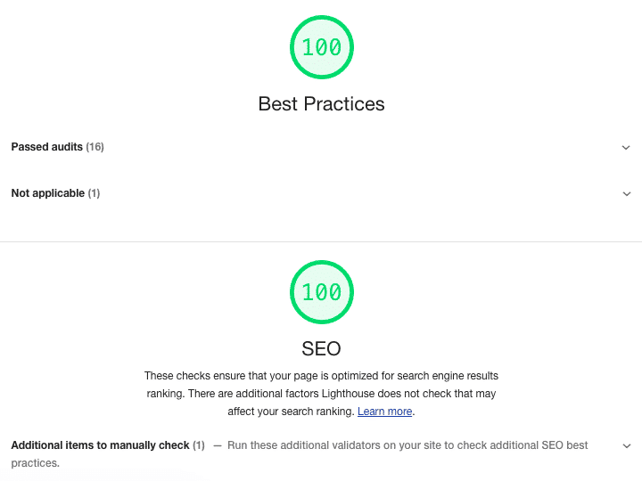 Lighthouse Best Practices and SEO audit scores