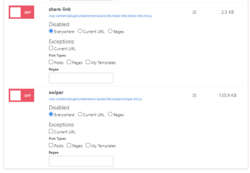 Example - Removing unused Elementor JS with Perfmatters
